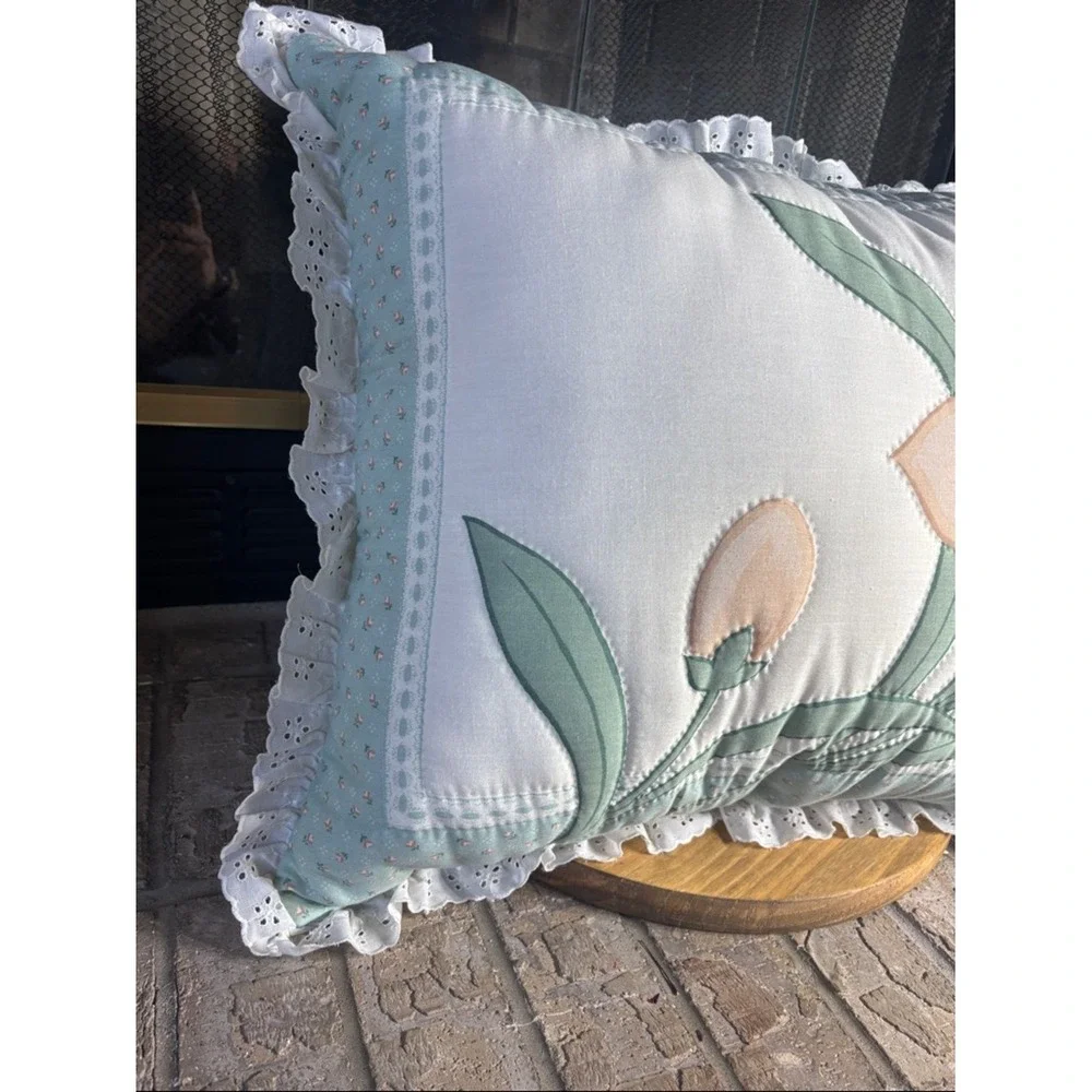 Vintage Oversized Quilted Tiger Lilly Decorative Pillow w/Ruffle CottageCore 80s